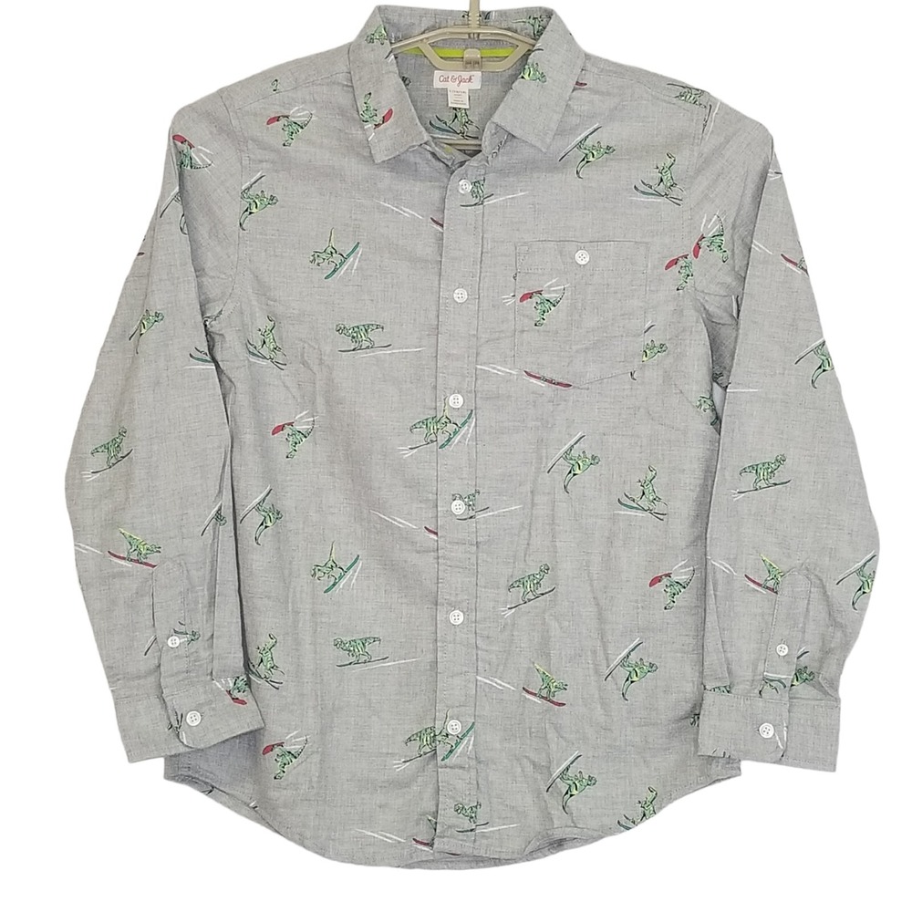 Cat & Jack‎ Shirt Boys XXL 18 Husky Gray Dinosaur Long Sleeve 2XLH Button Up
